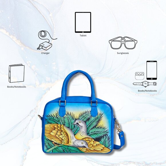 Leather Hand-Painted Blue Ladies' Top Handle Handbag, Crossbody Sling Bag, Purse - Picture 3 of 9